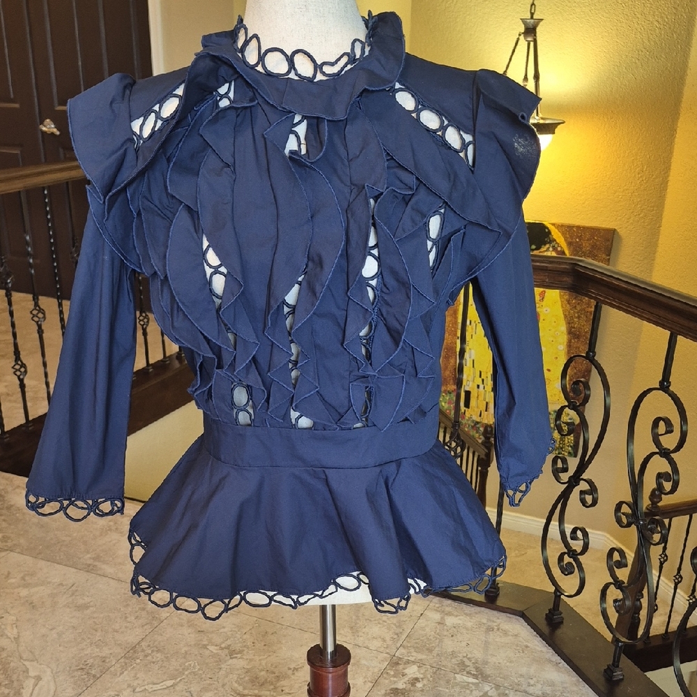 Women's Navy Ruffle Peplum Blouse with Scalloped Trim